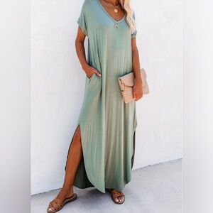 Grass Green Vneck Hidden Pocket splits Maxi T shirts dress